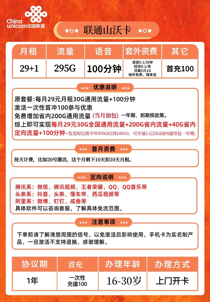广东联通山沃卡套餐介绍 30元包295流量+100分钟语音通话-2