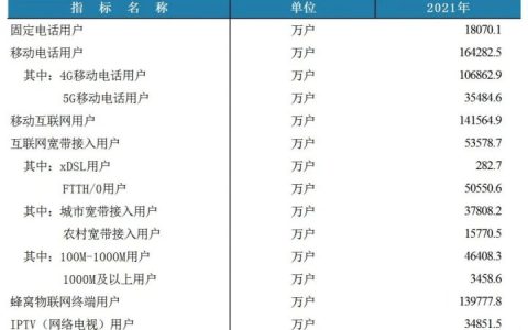 工信部公布2021年通信业年度统计数据，尚未展示分地市指标