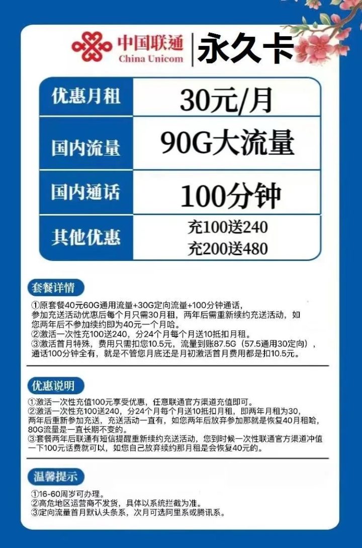 联通永久卡 30元每月90G流量+100分钟通话（长期推荐套餐）-1