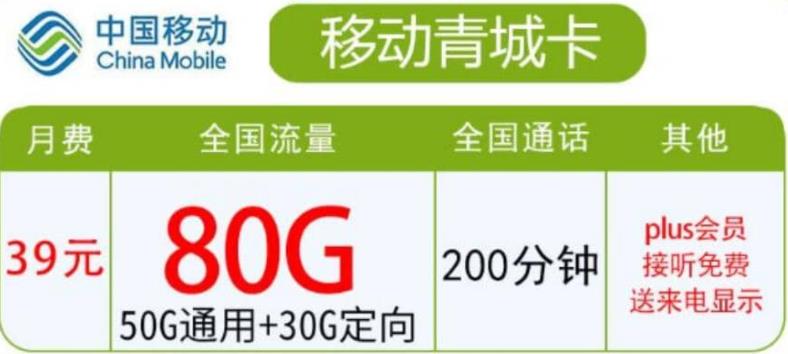 移动青城卡月租39元可享50G定向流量