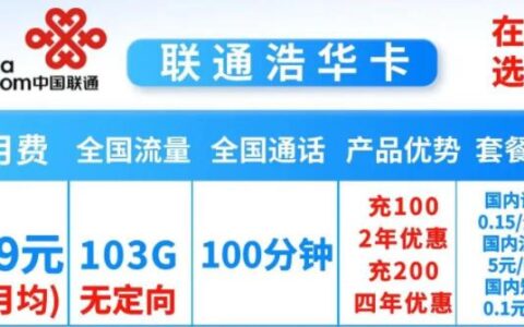 【联通浩华卡】月均29元103G无定向流量，首充100分钟