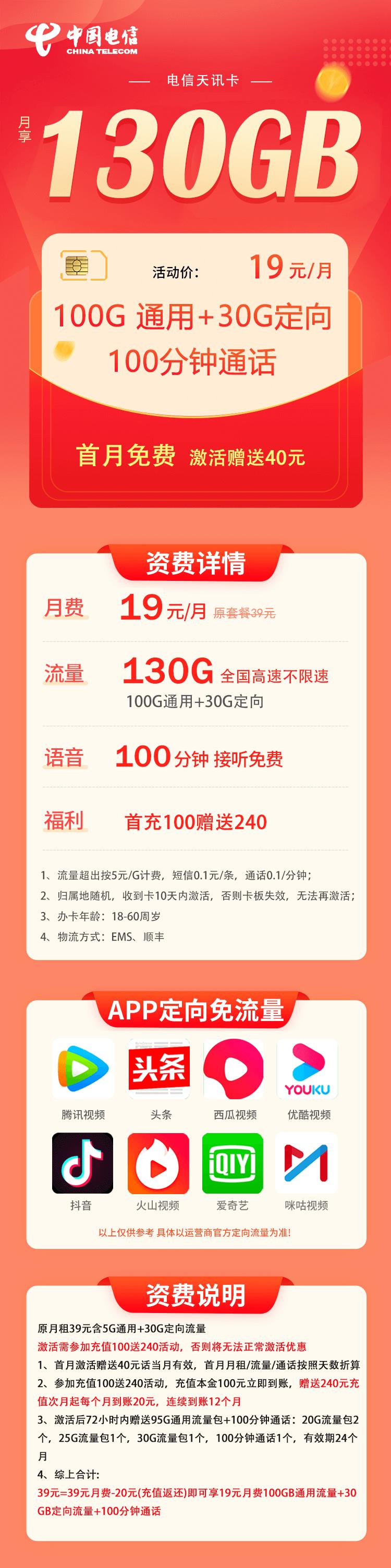 19元100g全国通用+30g定向（好卡分享）