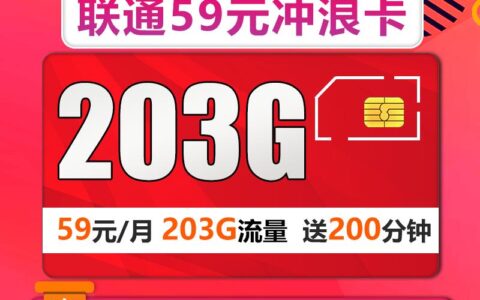 联通59元冲浪卡套餐，59包203G+200分钟