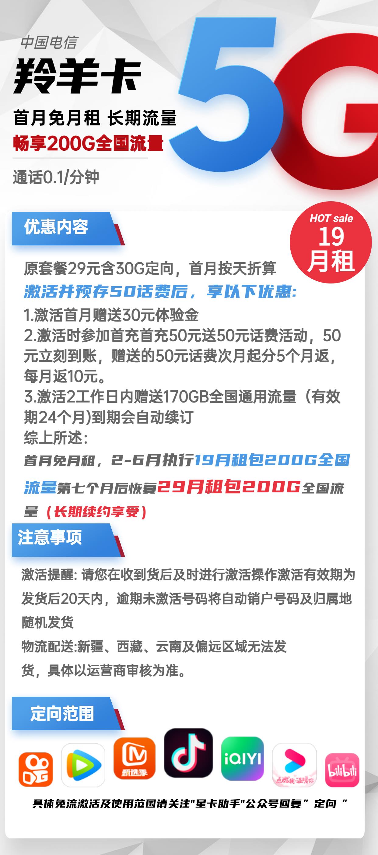 电信羚羊卡：19元包170G全国通用流量+30G定向流量