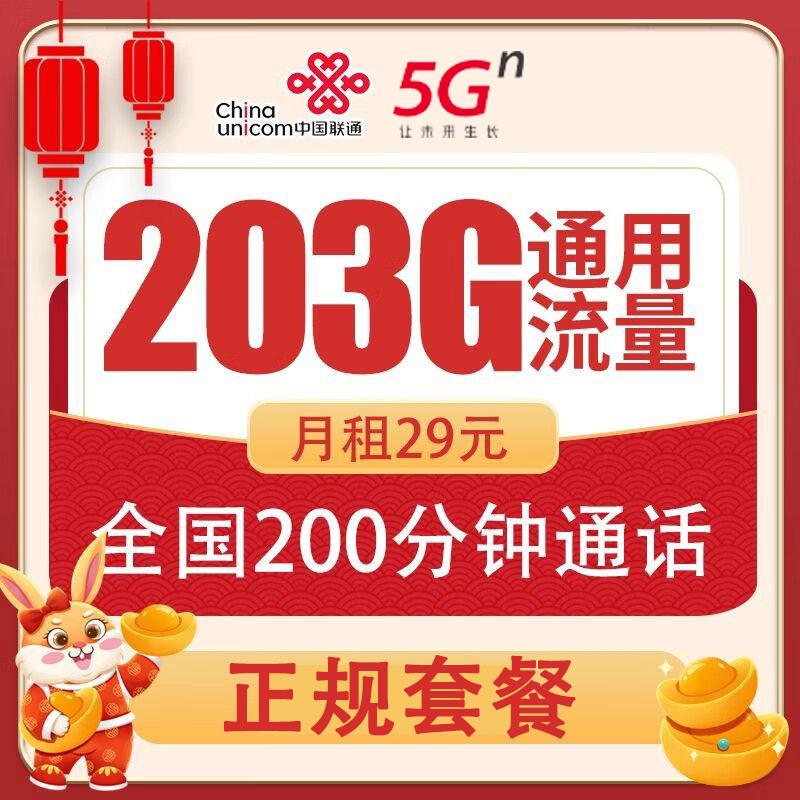 联通203g流量卡在线办理，首充100元/月