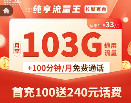 广东联通流量王纯享版月租33元/月，首冲100送240元话费