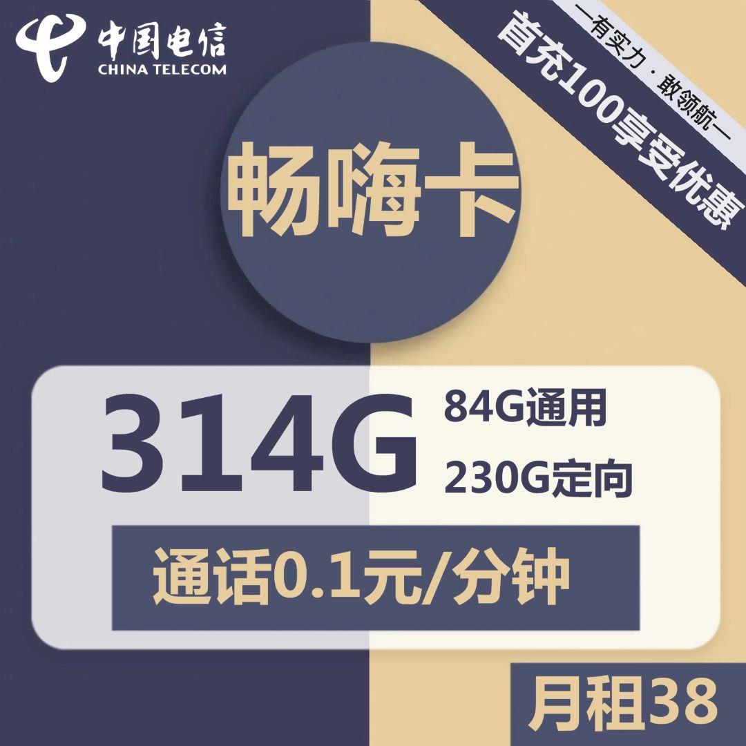 电信畅嗨卡38元包84G全国通用流量+230G定向流量+通话0.1元/分钟