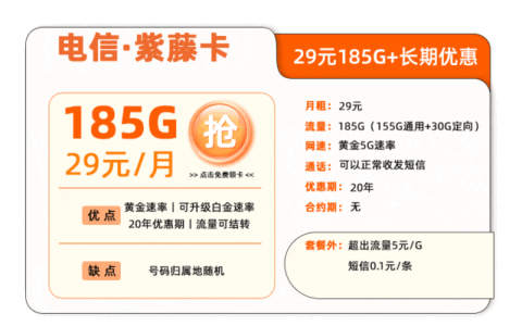 电信紫藤卡怎么样？长期29元185G流量（优缺点测评）